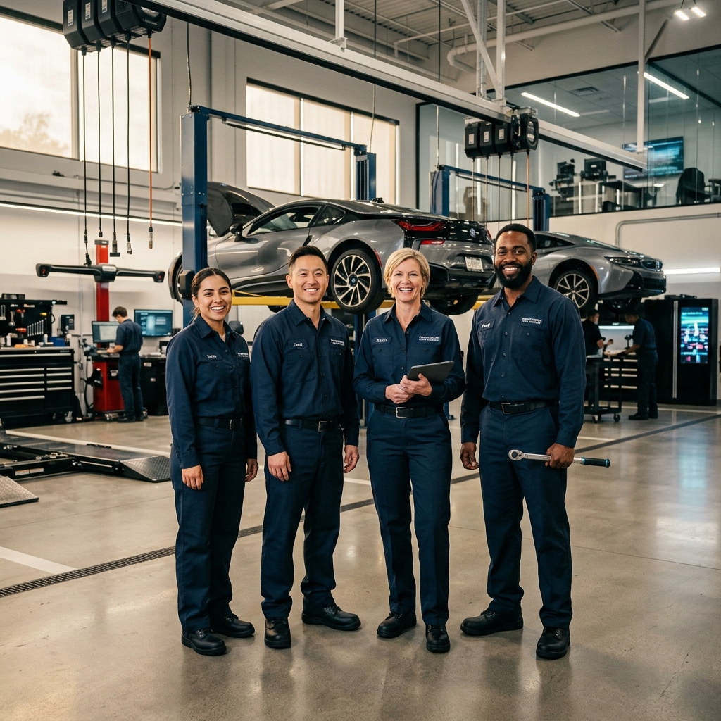 Equipo de trabajo calificado en el taller de Automotive Glass Company